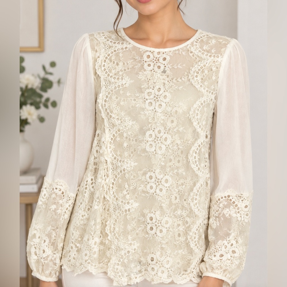 Chicos Lace Detail Long Sleeve Blouse- Ivory 0